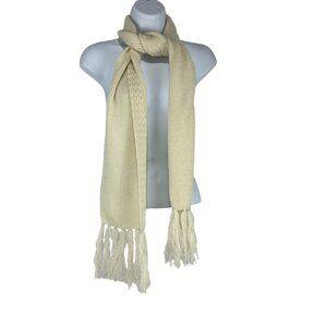 Hand Knit Cream Acrylic Scarf Fringe Textured Pattern Lightweight Winter Wear